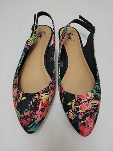 Fiona Vibrant Color Splash Black Tropical Dressy Slingback Flats Size 8.5  - Foto 1 di 7