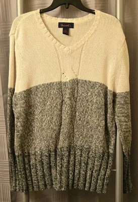 Denim & Co Women's Size L Color Block V-neck White Gray Long Sleeve Sweater - Image 1 of 4