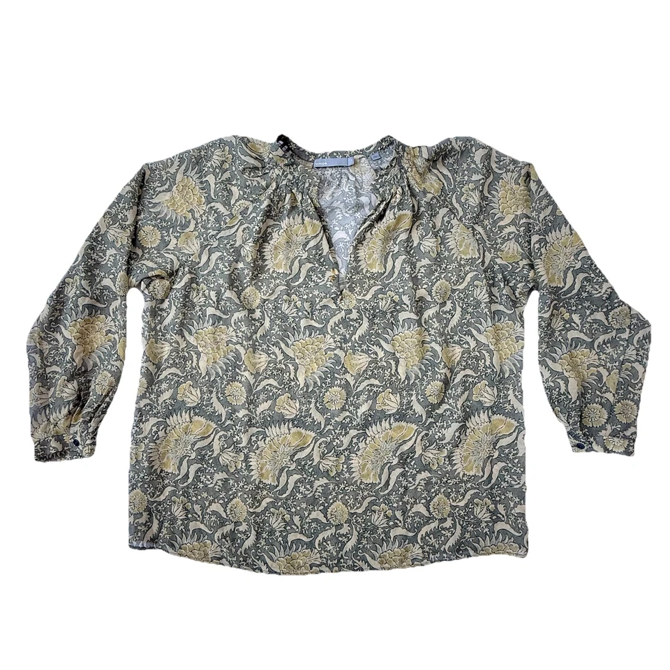 VINCE Blouse M Silk Top Moss Green Yellow Floral Garden Boho Long Sleeve V Neck - Image 1 of 4