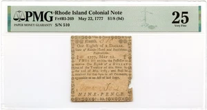 Rhode Island Colonial Note Fr#RI-269 May 22, 1777 $1/8 PMG VF-25 *18 Known* - Picture 1 of 2