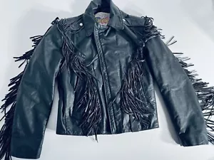 Giacca biker vintage anni 80 frange eccellenti western pelle nera taglia 38 reg - Foto 1 di 16