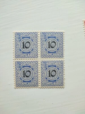 4 x attached Germany Wurttemberg revenue stamps 1911 fiscal Stempelmarke 10pf - Image 1 of 3