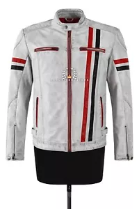 Herren Cafe Racer Vintage weiß Biker rot schwarz gestreift Echtlederjacke 5033 - Bild 1 von 5