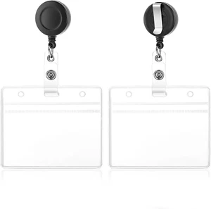 2 Pack Clear Horizontal ID Card Holders with Retractable Badge Reels - Picture 1 of 12