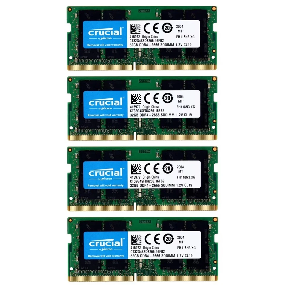 Crucial 128GB (4X32GB) DDR4 2666MHz PC4-21300 SODIMM Memory Ram CT32G4SFD8266 - Image 1 of 4