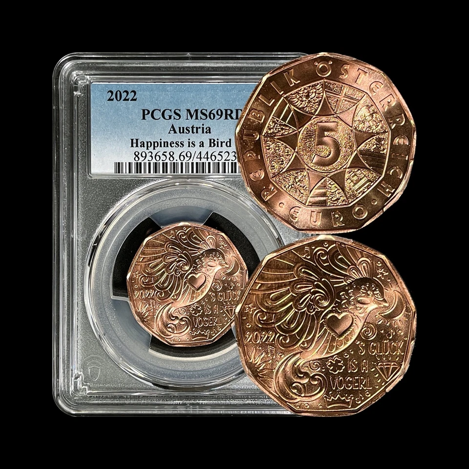AUSTRIA. 2022, 5 Euro - PCGS MS69 - Top Pop 🥇 Happiness is a Bird, Full Red - Image 1 of 4