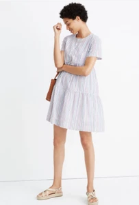 Madewell Size Large Striped Crewneck Button-Front Tiered Mini Dress - Picture 1 of 6