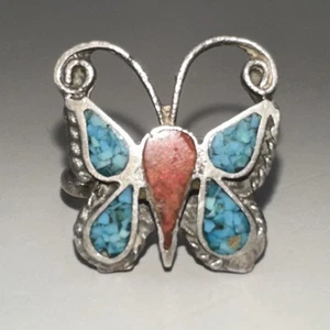 Crushed Red And Blue Turquoise Butterfly Design Sterling Ring Size 4 (2.9g) - Picture 1 of 9