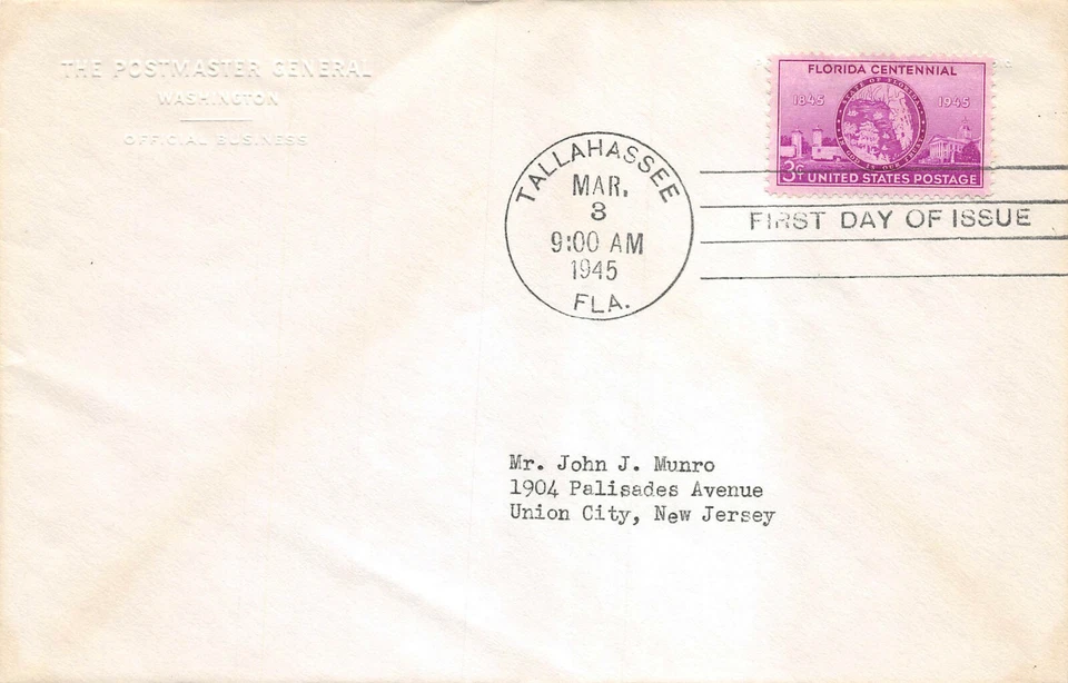 927 3c Florida Statehood oversized Postmaster General Official Business [113103] - Image 1 of 1