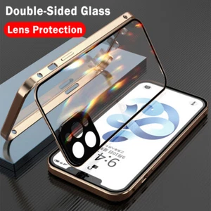 360° Metal Double-Sided Glass Case For iPhone 15 14 Pro Max 13 12 Buckle Cover - Picture 1 of 17