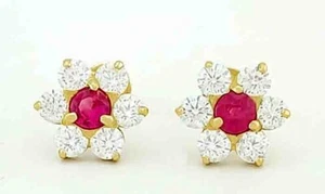 LAB CREATED RUBY & WHITE SAPPHIRES STUD EARRINGS 14k GOLD - Screw Backs - Picture 1 of 6