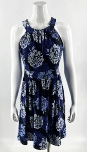 Banana Republic Dress Sz 6 Black Blue Floral Sleeveless Stretch Fit Flare Womens - Picture 1 of 6