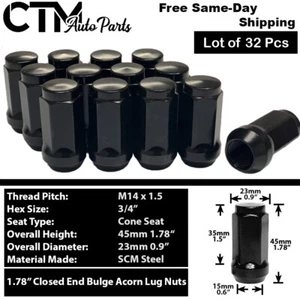 32x 1.8" Tall Black M14x1.5 Acorn Lug Nuts 3/4" Hex Fit GMC Sierra Yukon Savana - Picture 1 of 3