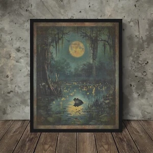 Vintage FROG FIREFLY MOON Wall Art, Celestial Amphibian Swamp Toad Pond Decor - Picture 1 of 17