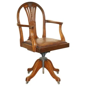 UNIQUE ANTIQUE 1880 GEORGE HEPPLEWHITE WHEATGRASS CAPTAINS CHAIR BROWN LEATHER - Picture 1 of 17