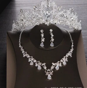Silver CZ Crystal Bridal Wedding Tiara Crown Swarovski Crystal Crown Earring Set - Picture 1 of 2
