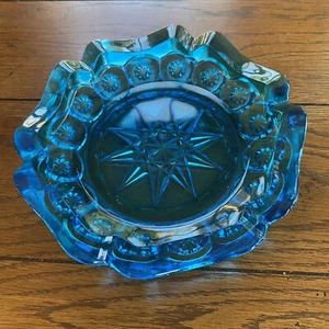 Vintage LE Smith Moon & Stars Glass Blue Ashtray 8" - Picture 1 of 7
