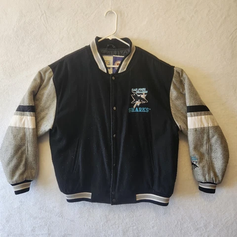 SAN JOSE SHARKS ATHLETIC VARSITY LETTERMAN JACKET WOOL BLACK GRAY MEN LARGE Cover