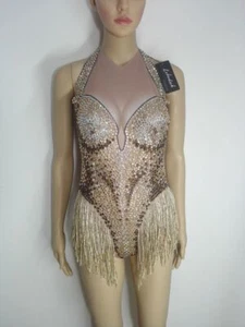 Tight Bodysuit Gold Rhinestones Tassel Sleeveless Sexy Stage Wear - Picture 1 of 13