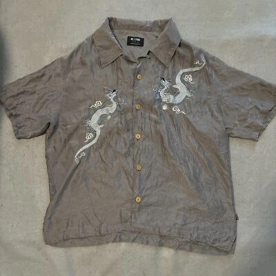 BC ETHIC ASIAN DRAGONS Embroidered SILK Loop Collar M Shirt Gray VTG Y2K - Image 1 of 4