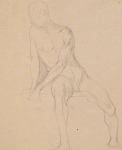 Johannes Hanse Männerakt sitzend Studie Original Bleistiftzeichnung um 1880 - Bild 1 von 3