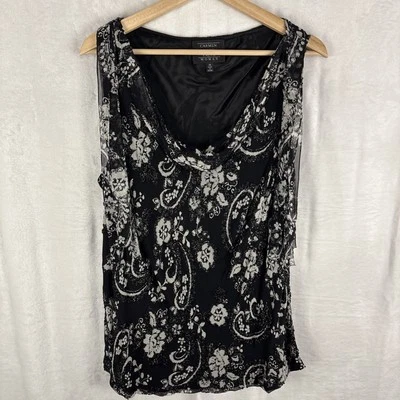 Camiseta sin mangas Carmen Marc Valvo de seda con cuentas negra estampado floral capucha cuello talla 1X Foto 1 de 4