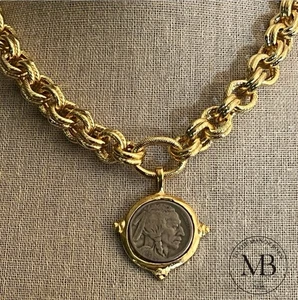Susan Shaw Jewelry Indian Coin Vintage Handcast Double Link Chain Gold Necklace - Picture 1 of 11