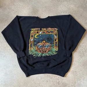 Vintage 90s Happy Halloween Pumpkin Crewneck Sweatshirt Med Black Retro Holiday - Picture 1 of 12