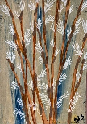 ACEO Art Card Original, Botanical, Acrylic, Abstract , Outsider Art , Brut Art - Image 1 of 4