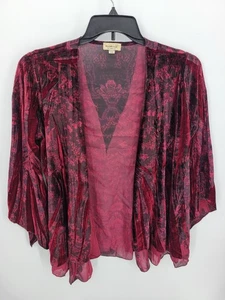 One World Unity Top Womens Large Maroon Black Velvet Open Front Bell Sleeve Boho - Picture 1 of 10