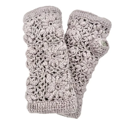 Guantes de ganchillo sin dedos diseño floral forro polar gris lavanda para mujer Foto 1 de 4
