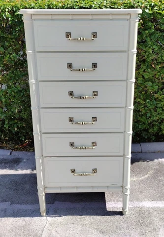 Vintage 6 Drawer tall wood Dresser White faux bamboo  22" x 17" x 48" Henry Link Cover