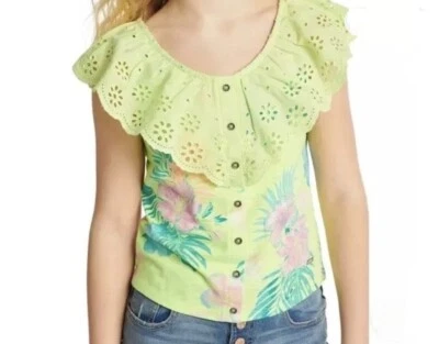 "Justice" Girls Floral Tank Top Neck Ruffle Lime Green Size L (12-14) NWT - Image 1 of 4
