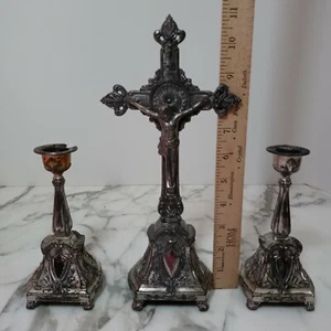 1921 Crucifix & Candle Holders Well Used Last Rights Or Altar Perhaps - Picture 1 of 12