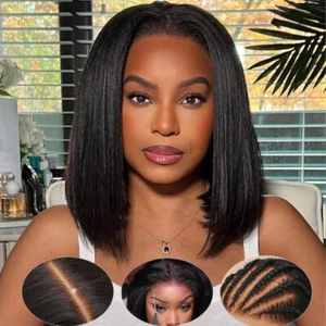 UNice Yaki Straight Bob Wig Pre Cut Lace Front Human Hair Wigs Glueless Wear Go - Picture 1 of 10