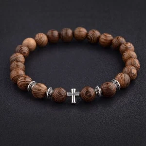 Hot Men Natural Wood Beads Cross Bracelets Onyx Meditation Prayer Bead Bracelet - Picture 1 of 34