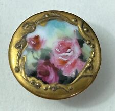 Antique Porcelain Pink Flowers w/Gold Painted Border Stud Button #2806