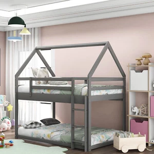 Twin over Twin Low Bunk Bed, House Bed with Ladder , Gray(OLD SKU:WF197808AAE) - Picture 1 of 12