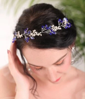 Blue Tiara Crystal CROWN Rhinestone Headpiece Bridal Jewelry Sapphire Hair Vine  - Image 1 of 4