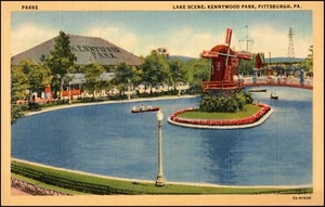 Kennywood Park Amusement Park Lake Scene Windmill Pittsburgh PA Linen Postcard - Picture 1 of 2