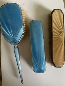 Quality Art Deco Solid Silver Guilloche Enamel Dressing Table Brushes