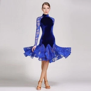 Velvet Lace Latin Ballroom Modern Dance Dress Women Tango Salsa Fringe Dress - Imagen 1 de 27