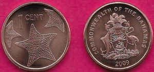 BAHAMAS 1 CENT 2009 UNC SMALL TYPE,NON MAGNETIC,THREE STAR FISH WITH DENOMINATIO - Picture 1 of 1