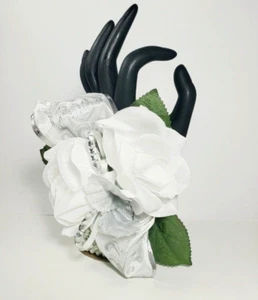 Prom Wrist Corsage & Boutonniere Artificial White Silver Diamond - Picture 1 of 5