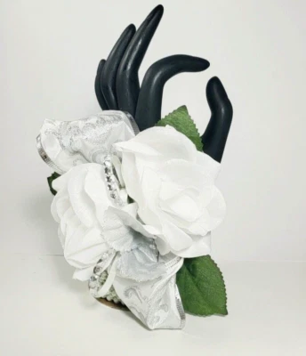 Prom Wrist Corsage & Boutonniere Artificial White Silver Diamond - Image 1 of 4
