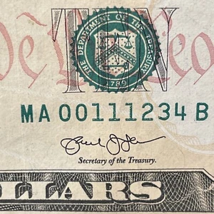๐ฅ2013 10 Ten Dollar Note Low Serial Number Rare Fancy MA 00111234 B! ๐ฅ - Picture 1 of 3