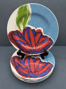 ANTHROPOLOGIE Porcelain GRAPHIC FLOWERS Red & Blue 8" SALAD PLATES Set of 4 - Picture 1 of 13