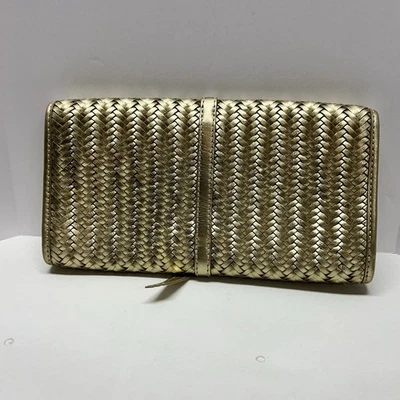 Banana Republic Leather Clutch Gold Metallic Woven Evening Bag Purse - Image 1 of 4