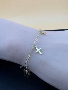 Real 14K Gold Cross Charm Bracelet – Delicate Religious Jewelry for Women - Picture 1 of 4