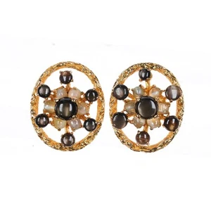 Gemelos Lucien Piccard oro 14k ojo de tigre y perlas - Imagen 1 de 5